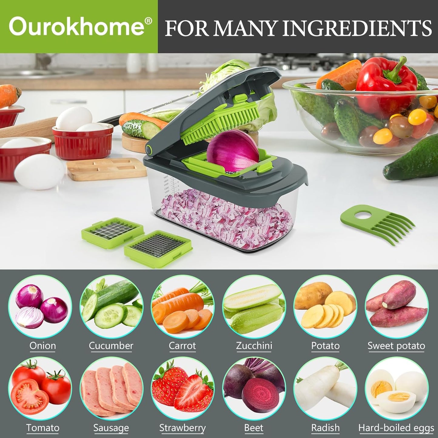 Ourokhome Vegetable Chopper - Manual Hand Dicer with 2 Blades for Potatoes, Onions & Carrots | 2-in-1 Gray Kitchen Gadget