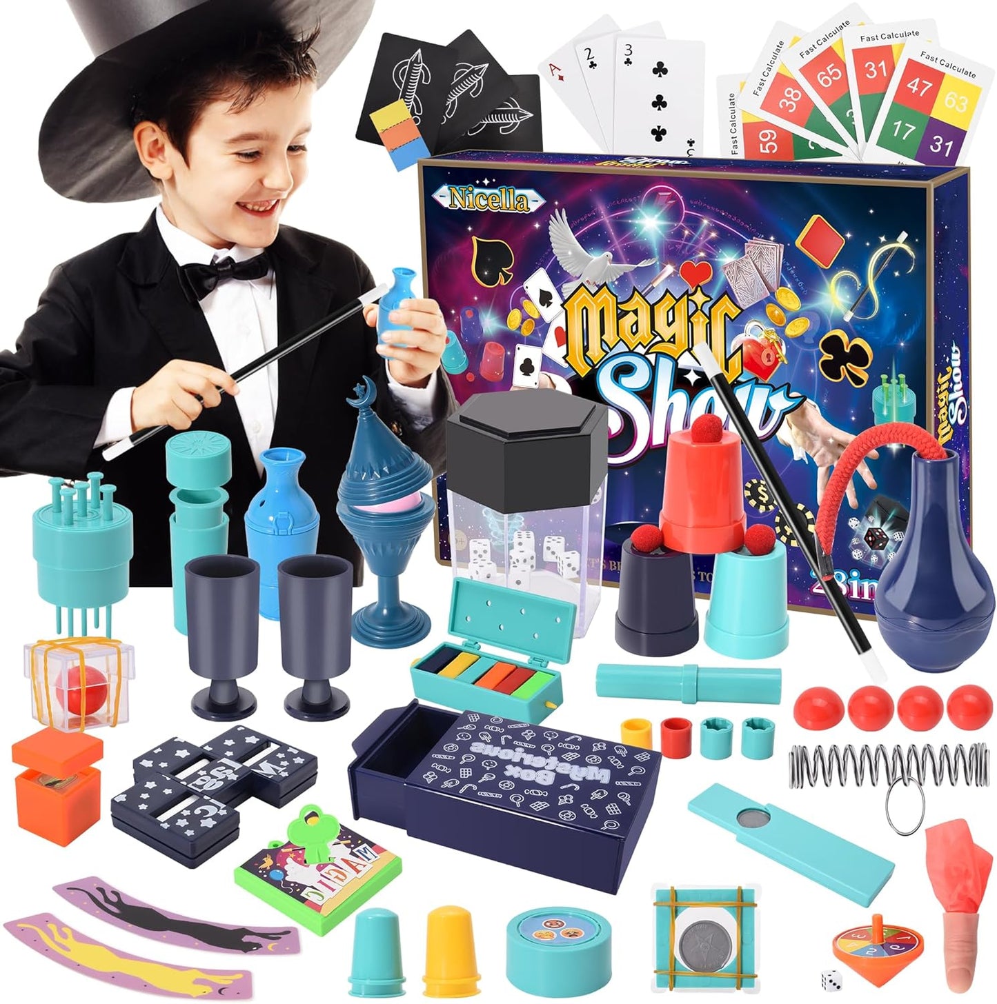 Nicella Magic Kit - 208+ Magic Tricks for Kids Age 6-12 | Beginner-Friendly Set with Manual & Video