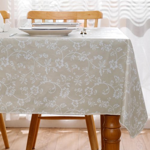 Heavy Duty Vinyl Tablecloth with Flannel Backing Waterproof Oil-Proof Plastic Table Cloth Stain-Resistant Wipeable Rectangle or Square Table Cover for Indoor and Outdoor (Beige Floral,60x84 Inch)