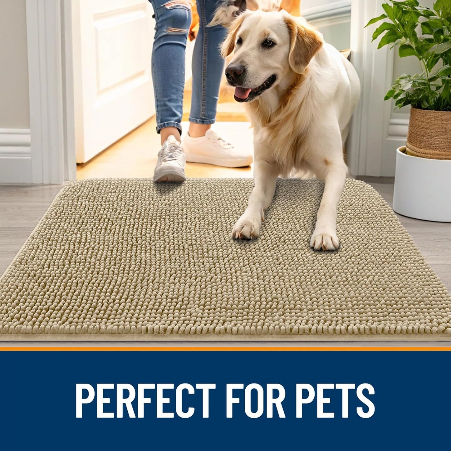 OLANLY Dog Door Mat - Absorbent Non-Slip Washable Doormat for Muddy Paws | 30x20 Beige Quick Dry Chenille