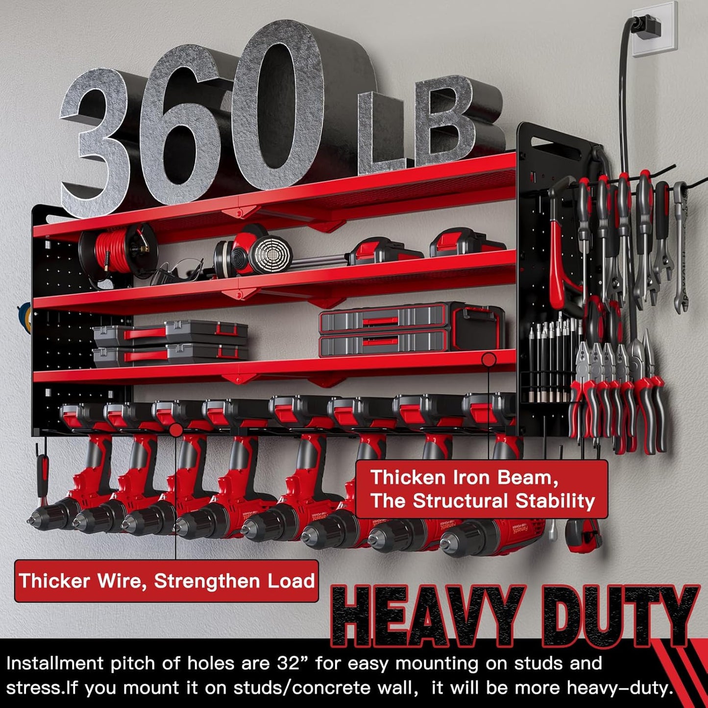 NattyDot Power Tool Organizer - Wall Mount Charging Station with 8 Drill Holders | 4-Layer Garage Storage Rack (Red)