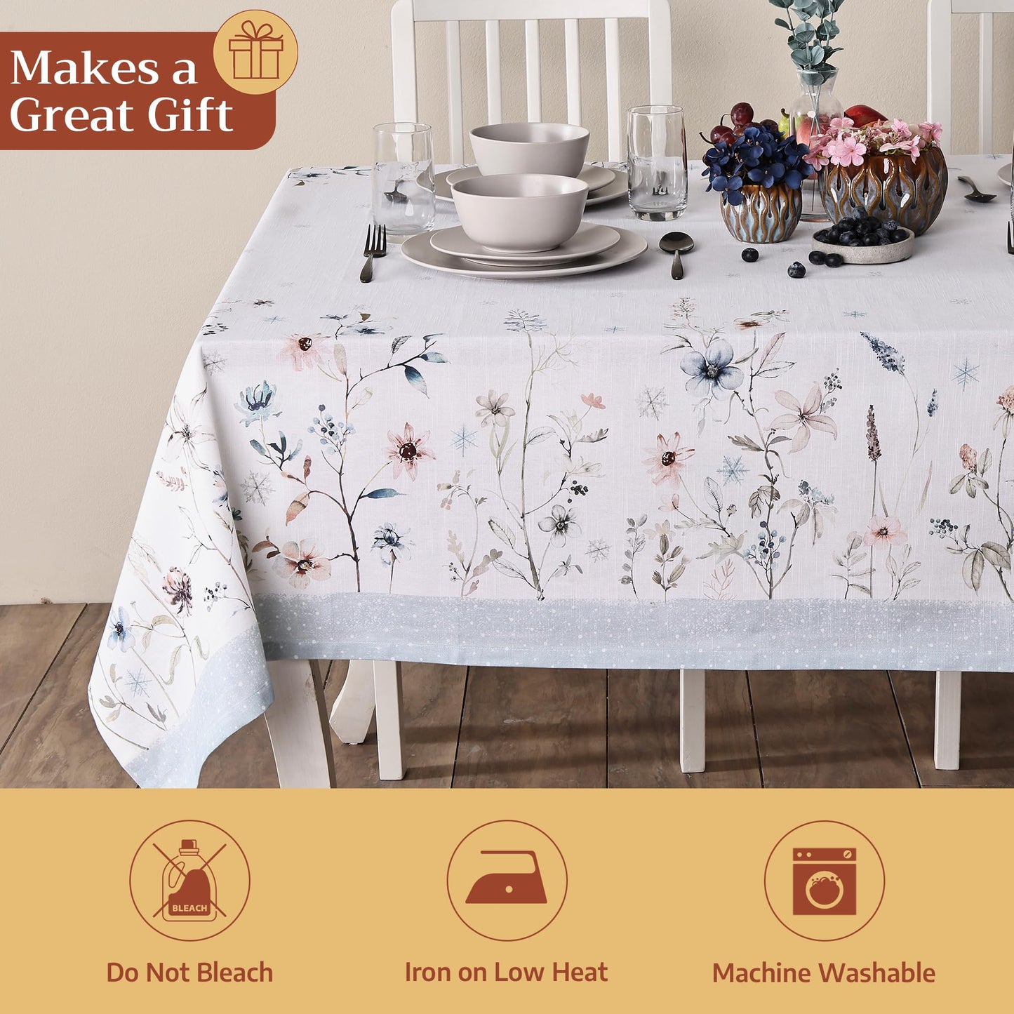 Maison d' Hermine Table Cloth Rectangle Table 100% Cotton 54 x 72 Inches Fall Tablecloth Reusable Everyday Use for Thanksgiving Christmas Decorations Dining Farmhouse Party (Ice Florals)