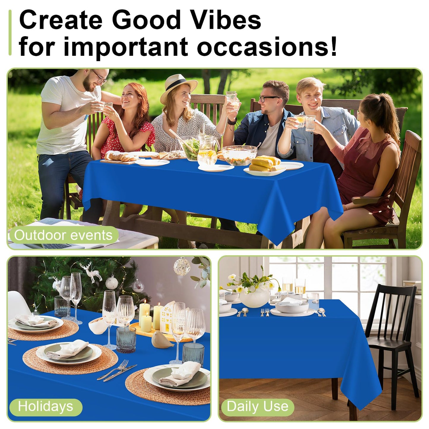 QIKSION Blue Plastic Table Cloth Disposable 3 Pack, 54 x 108 Inch Tablecloths for Patriotic Decorations, Birthday Party, Rectangle Table Cover