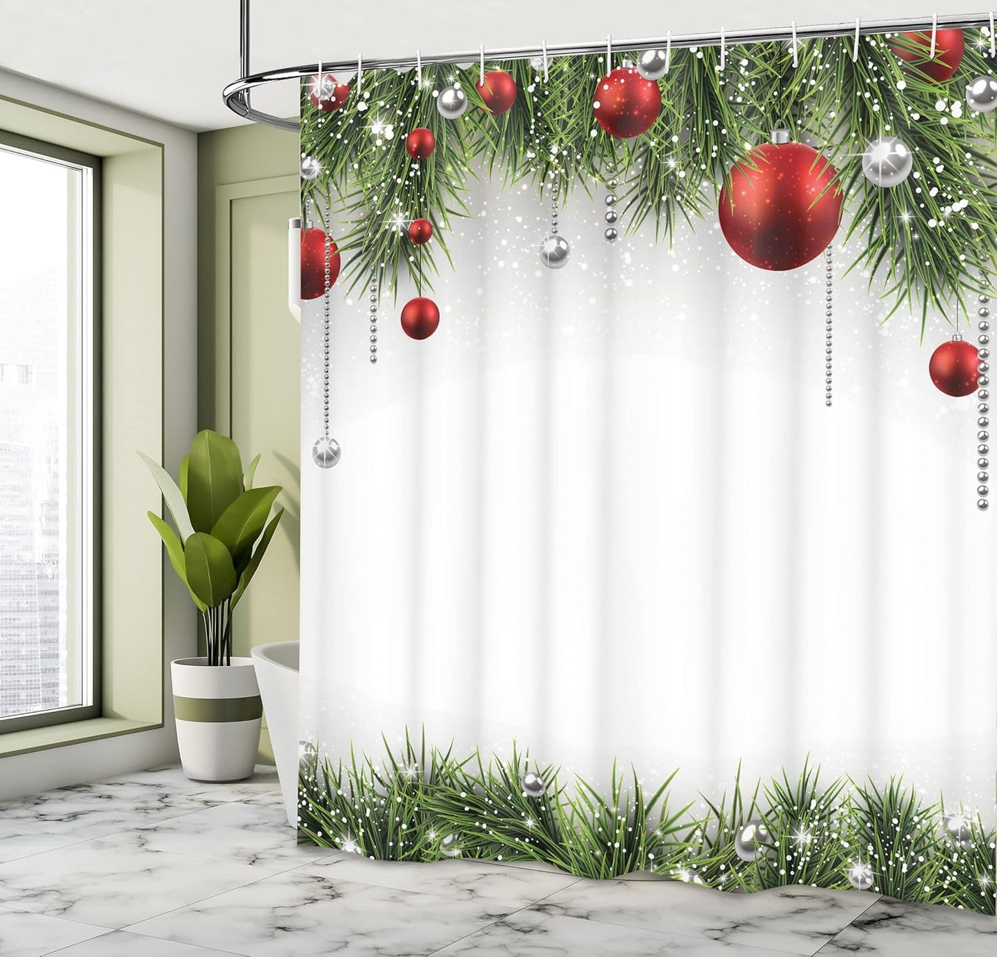 Christmas Shower Curtain with Ornaments & Pine Tree Design - 69x70 Fabric Bathroom Decor Set