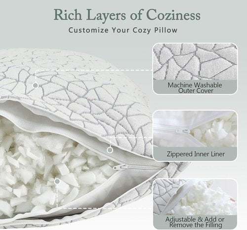 BPC Premium Rayon Bamboo Firm Pillows - Hypoallergenic Shredded Memory Foam | Queen Size Set of 2