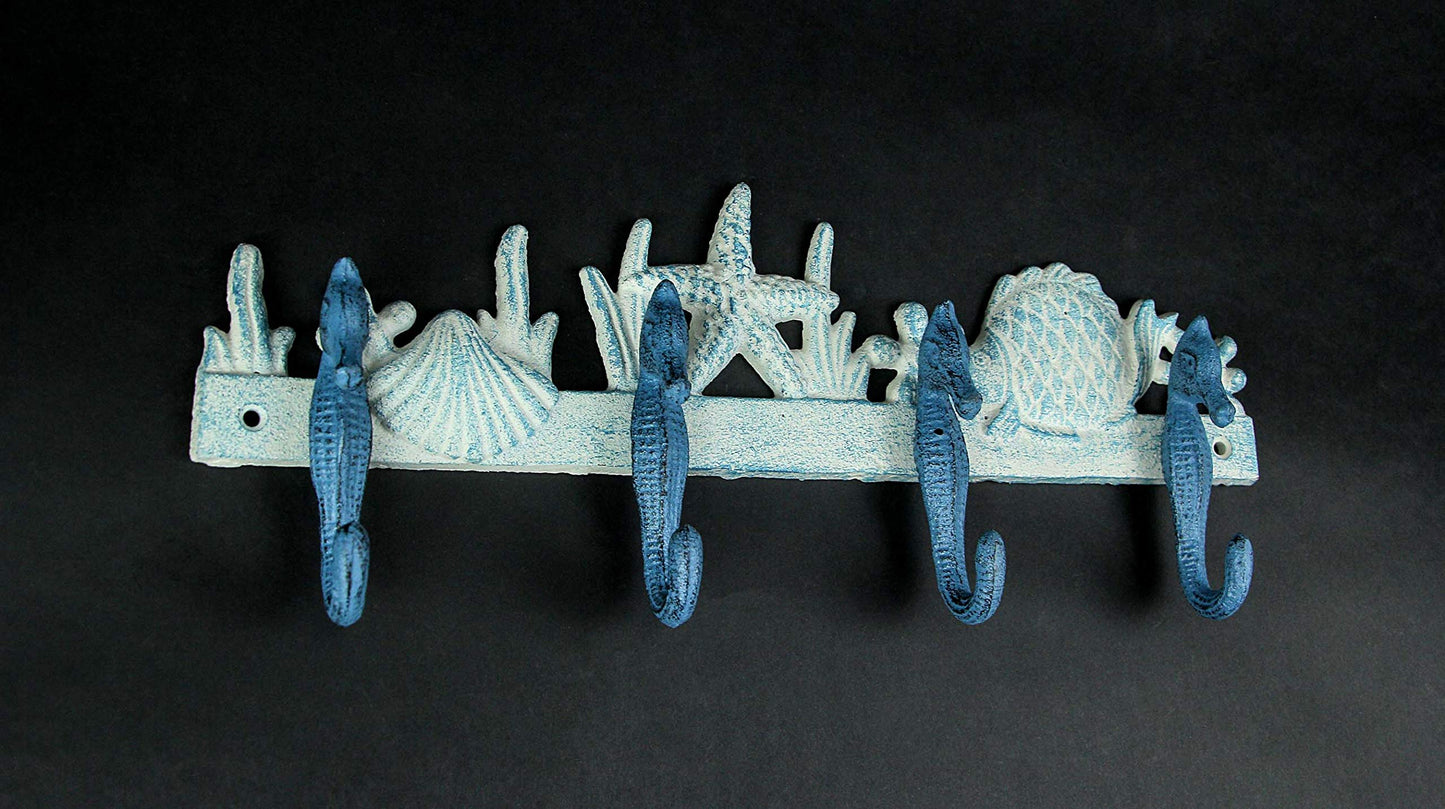 Zeckos Enchanting Blue and White Cast Iron Seahorse Nautical Sea Life Decorative Wall Hook, Towel Hanger or Coat Rack - Perfect Beach Home and Coastal Accent