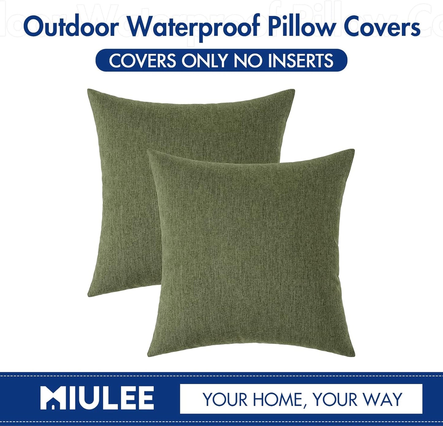 MIULEE Decorative Outdoor Throw Pillow Covers - Waterproof Faux Linen Cushion Cases | 16x16 Inch Dark Green (Pack of 2)