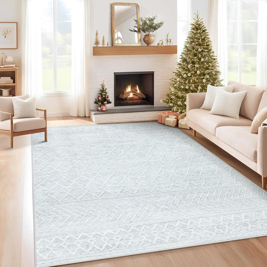 5x7 Area Rug Living Room: Washable Boho Geometric Moroccan Rug Neutral Modern Farmhouse Indoor Soft Non Slip Ultra Thin Printed Pattern Carpet for Dining Room Bedroom Nursery Home (Grey, 5'x7')
