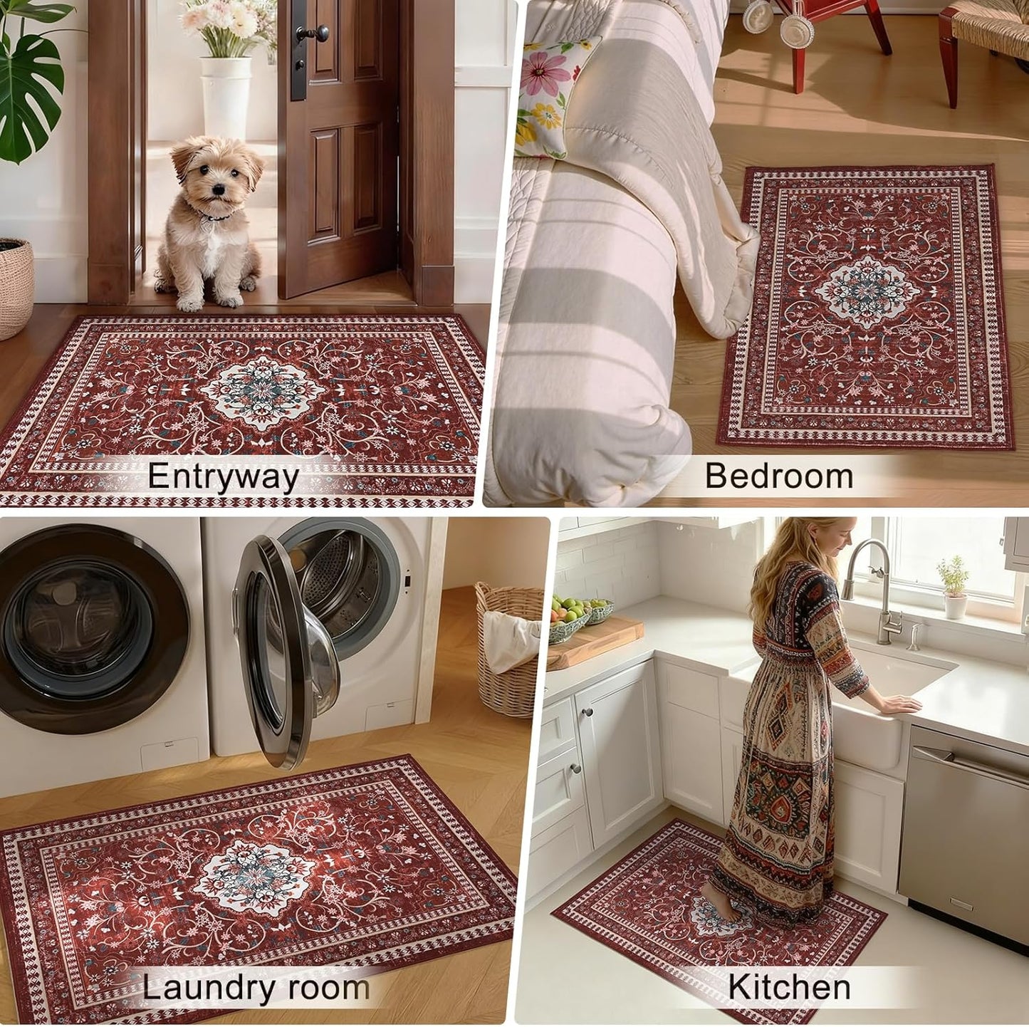 Regine Switzerland Non-Slip Red Entryway Rug - Washable Boho Low Pile Mat | 2' x 3' Indoor Area Rug