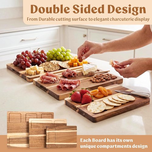 Acacia Wood Cutting Board Set - Non-Toxic, Durable Chopping Boards with Deep Juice Groove | 3-Piece Set for Meat, Cheese & Vegetables