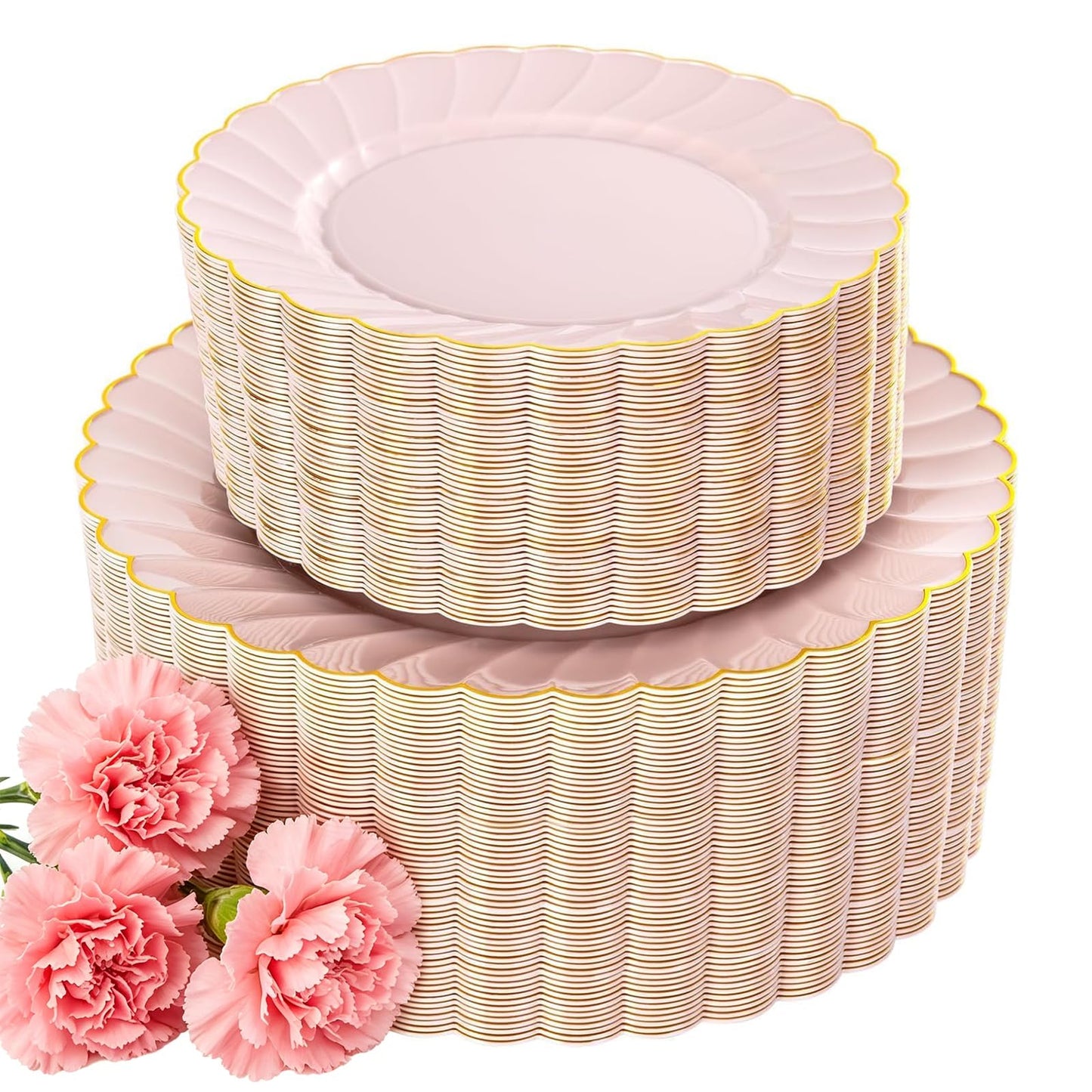 YOUBET 100PCS Pink Scalloped Plastic Plates - Heavy Duty Gold Disposable Fancy Hard Plates Include 50 Dinner Plate, 50 Dessert Plate, for Wedding & Party Mothers Day