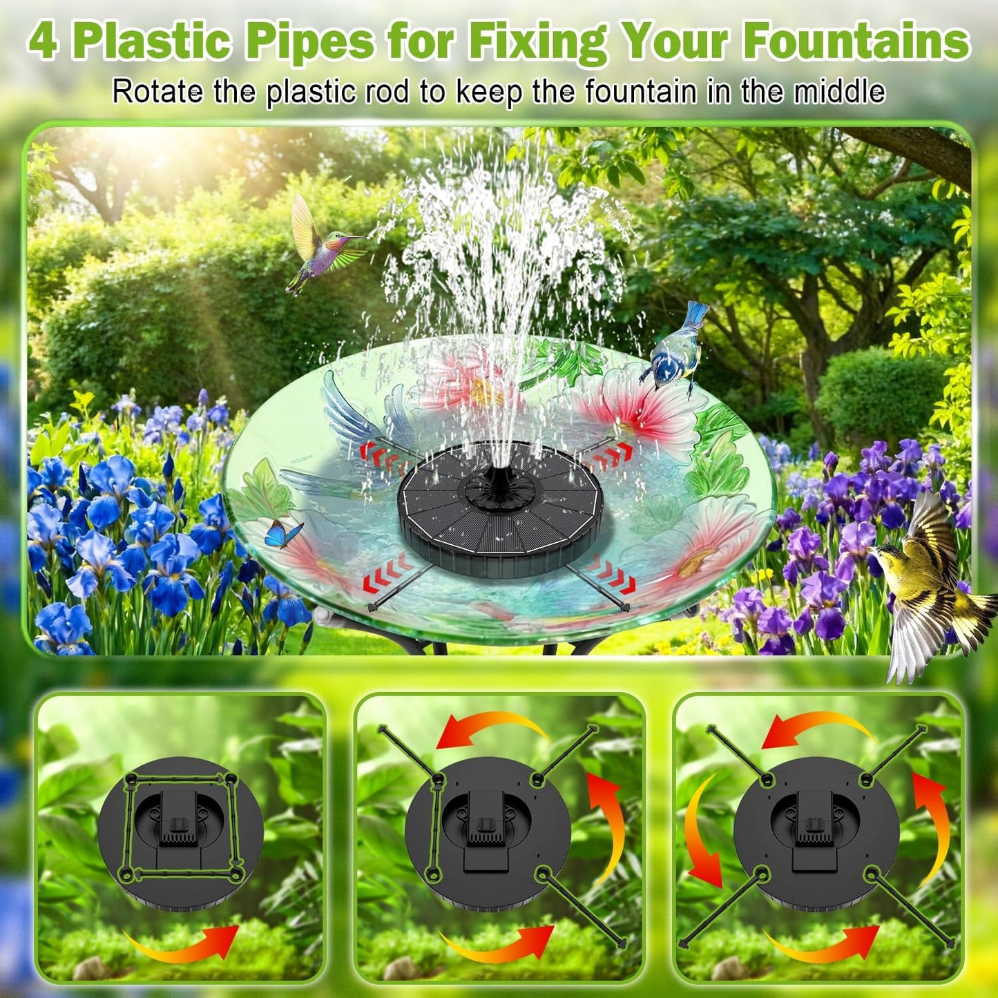 SZMP Solar Fountain - 3 Spray Heights & 7 Nozzles | 3.5W Glass Bird Bath Pump for Garden, Pool, Pond