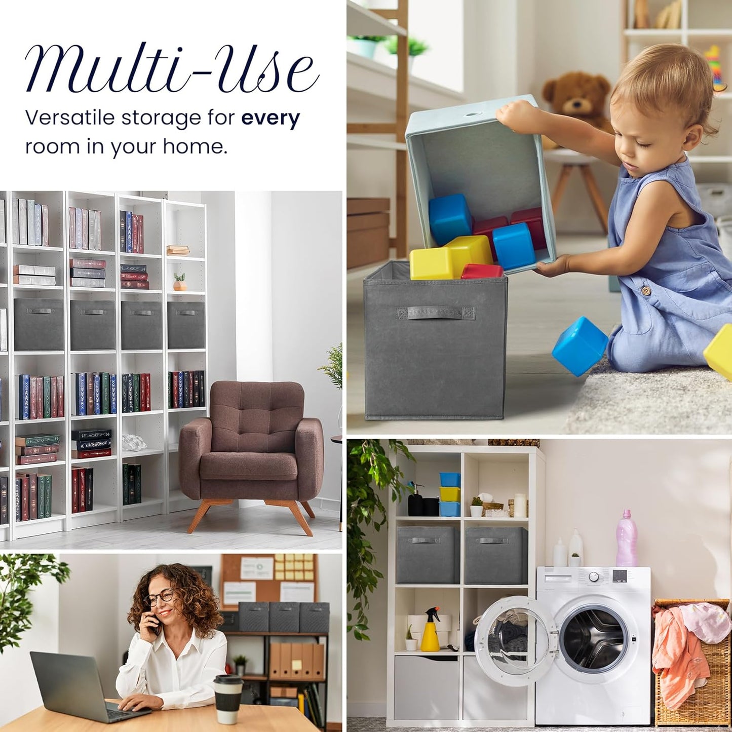 Reli. 11-Inch Cube Storage Bins - 4 Pack Fabric Organizer Boxes | Collapsible Dark Gray Cubby for Kids' Room