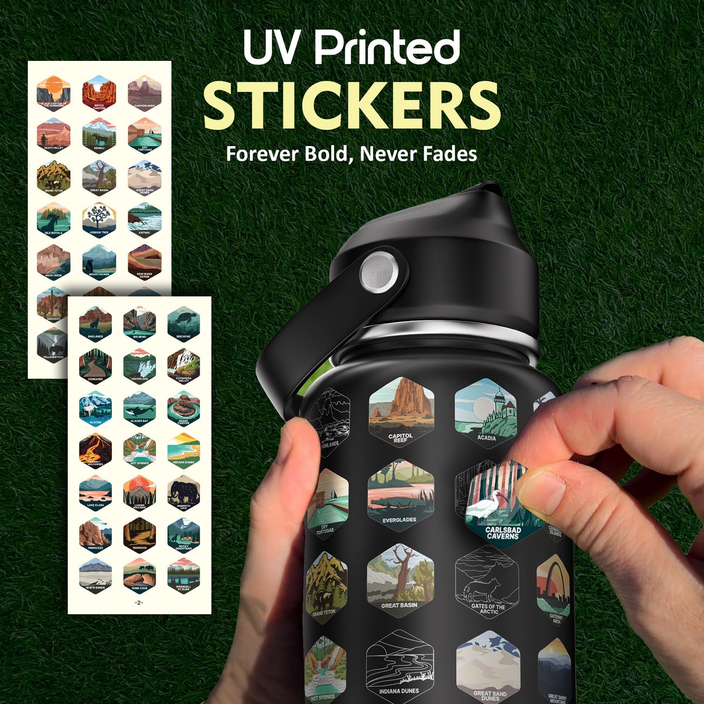 National Parks Water Bottle With 63 Stickers & Straw Cleaner Brush | 32 Oz Insulated Stainless Steel, BPA-Free, And Leak-proof Bottle For Hiking, Camping & Travel | Gift-ready Box (BLACK)