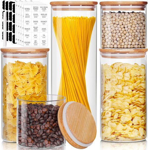 HomArtist Glass Jars - Airtight Bamboo Lids | Multi-Size Set of 5 for Kitchen & Pantry Storage
