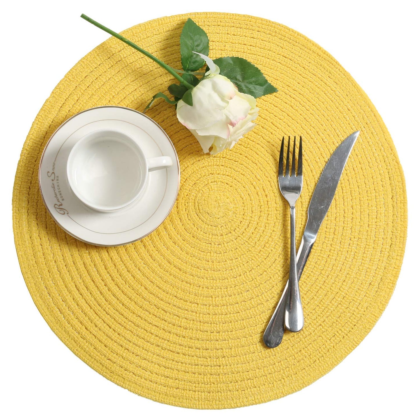 SHACOS Round Braided Placemats Set of 8 Washable Table Mats 15 inch Round Placemat Cotton Polyester Circle Placemat for Dining Table (Yellow, 8)