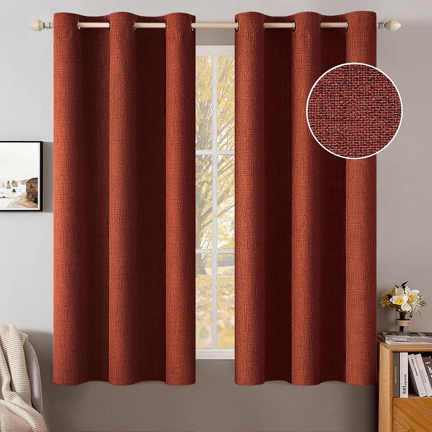 MIULEE Blackout Linen Curtains - 100% Thermal Insulated Burnt Orange Drapes | 42 x 63 Inches (2 Panels)