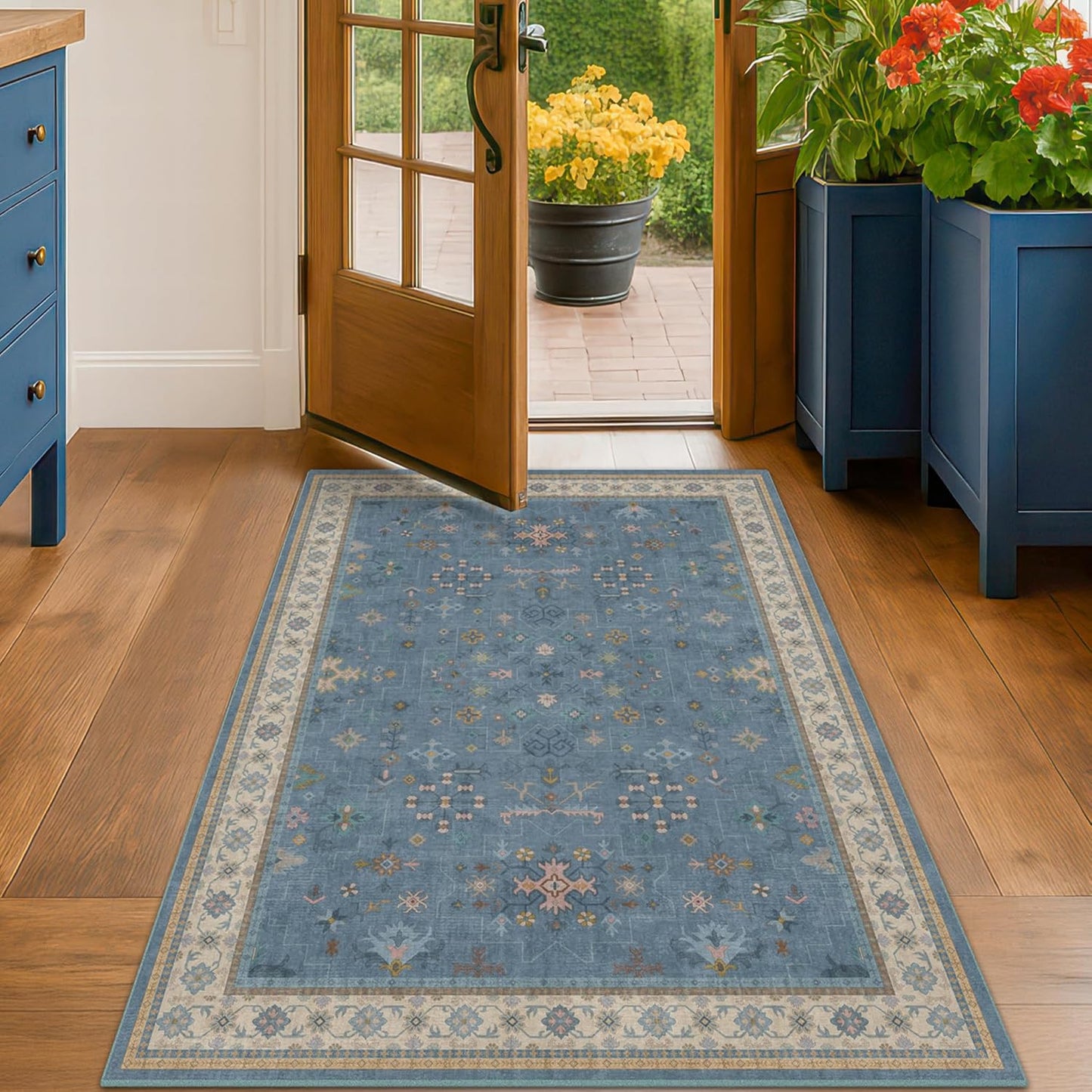 Skiennix Washable 3x6 Throw Rug - Blue Non-Slip Indoor Rug for Kitchen, Entryway, Bedroom, Boho Décor