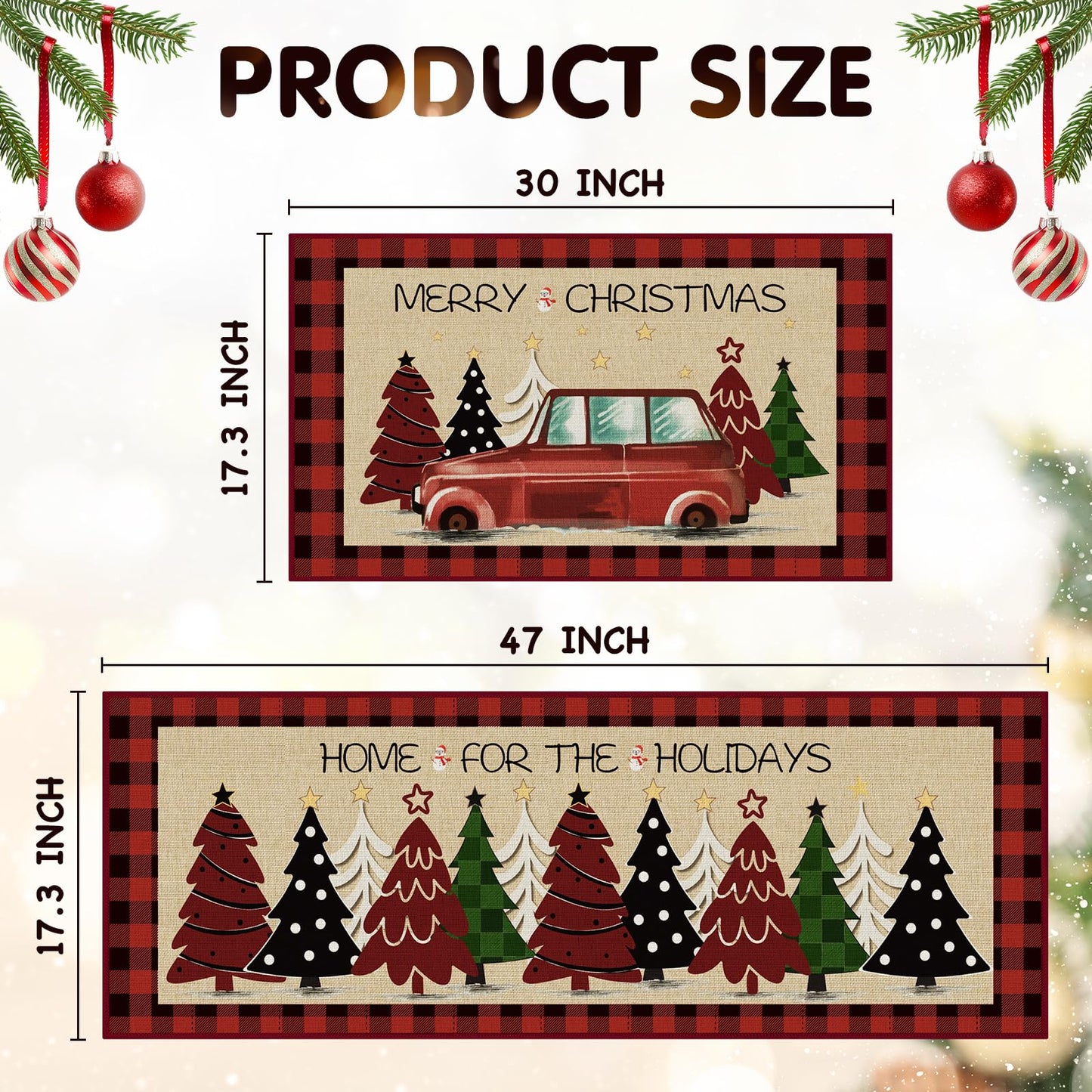 StepRite Kitchen Mats for Floor, 2 PCS Christmas Kitchen Rugs, Non-Slip Bottom with Christmas Tree Print, Low-Profile Mat for Home, Office, Sink, Kitchen,Hallway,Holiday Decor(17”x30”+17”x47”-Red)