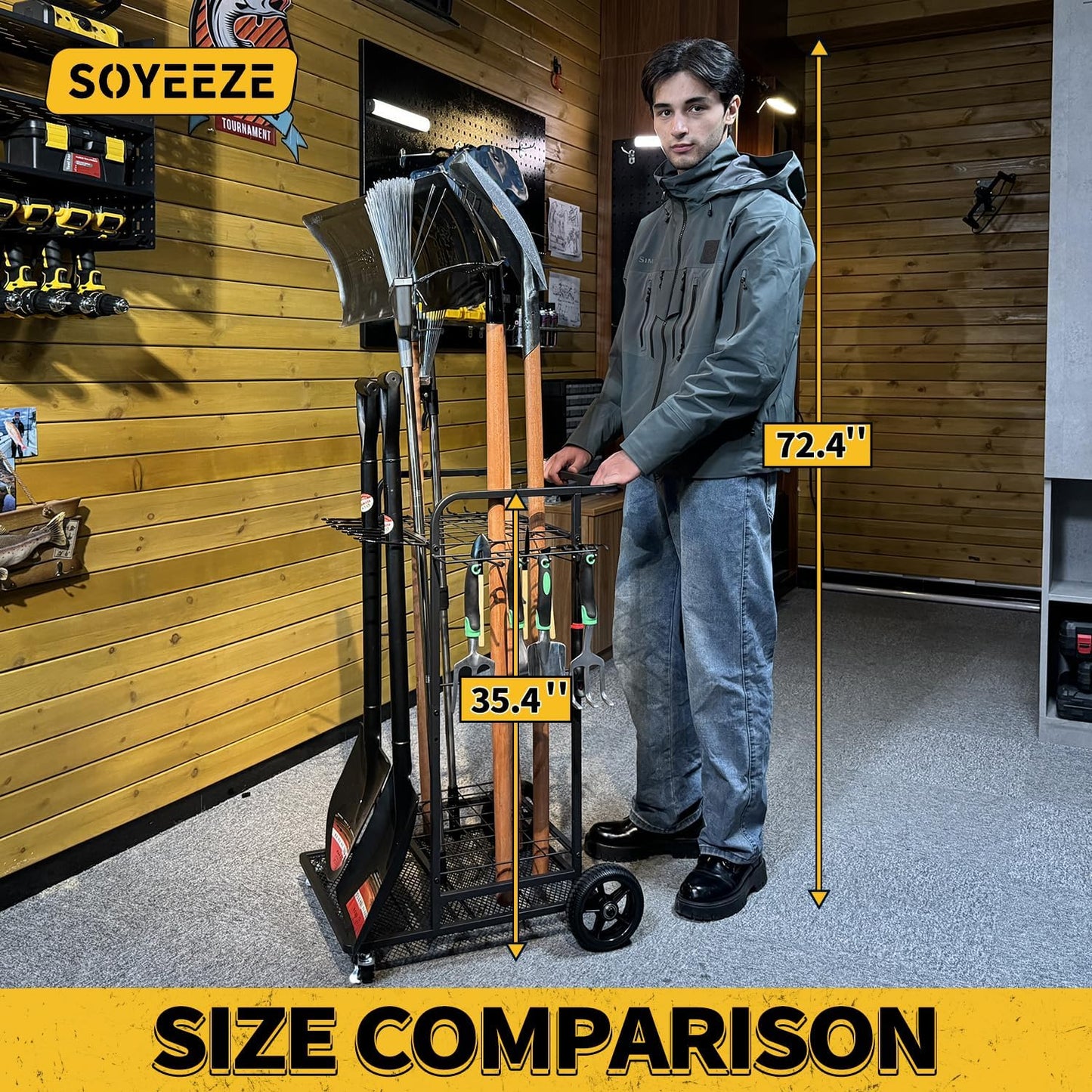 SOYEEZE Garden Tool Organizer - Heavy Duty 3-Tier Rack with Large Wheels | Holds 35 Long-Handled Tools