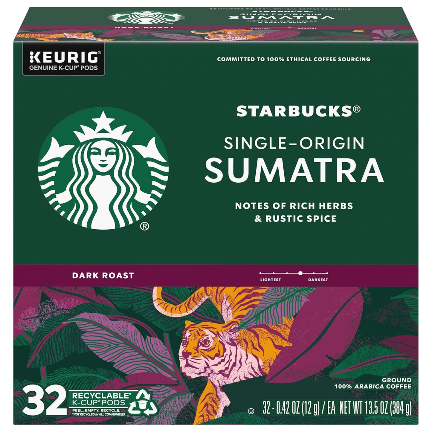 Starbucks K-Cup Pods - Sumatra Dark Roast Single-Origin Coffee - 32 Count (Pack of 4)