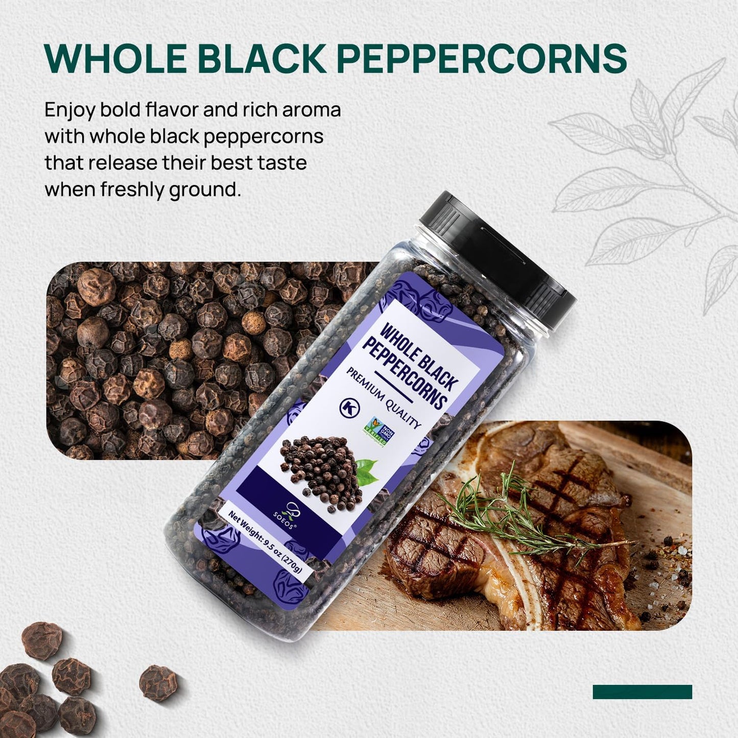 Soeos Himalayan Pink Salt & Whole Black Peppercorns Set - Coarse Grain, Non-GMO, 20oz + 9.5oz