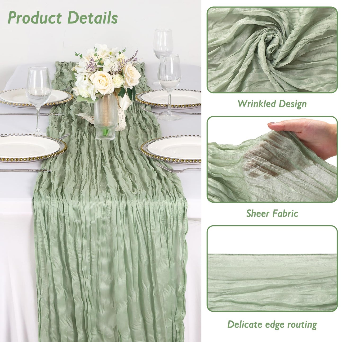 Sage Green Table Runner 35x120 Inch Cheesecloth Table Runner 1 Pack for Baby Shower, Boho Decor, Wedding Decoration, Jungle Theme Party