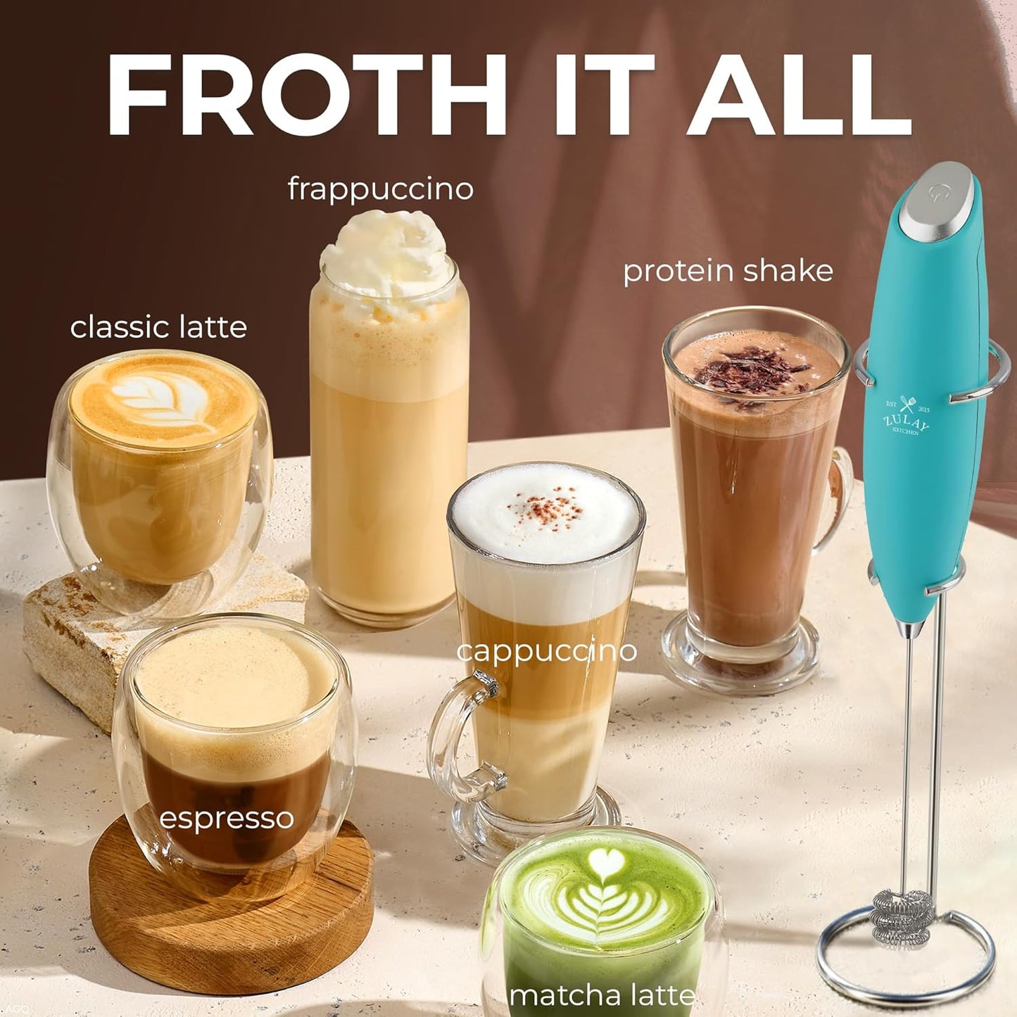 Zulay Kitchen Tornado Triple Whisk Milk Frother - Handheld Foam Maker for Coffee & Lattes | Teal Blue, Includes 4 Duracell Batteries
