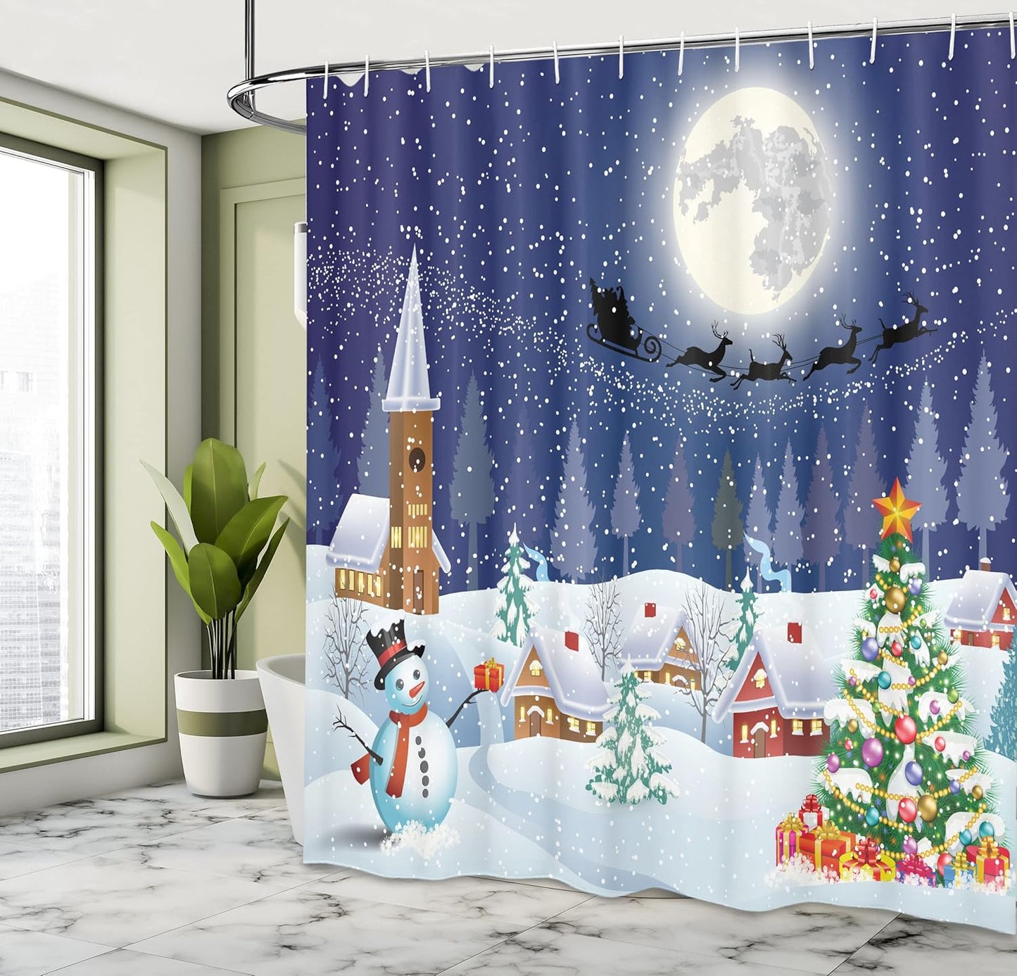 Christmas Shower Curtain with Snowman & Santa Sleigh - Winter Decor Set, 69" x 70" - Fabric with Hooks