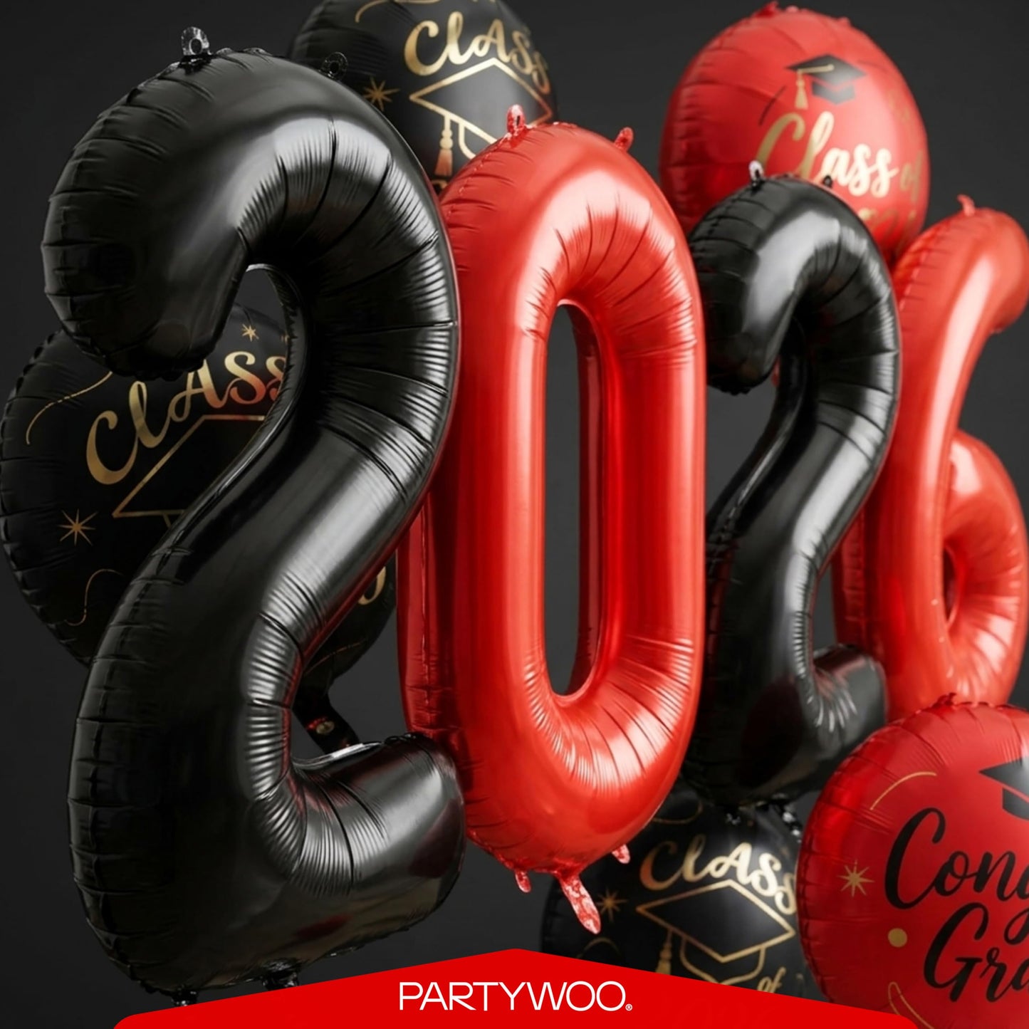 PartyWoo Graduation Balloons Class of 2026 Black Red Gold 12pcs Balloons 40 Inch 2026 Foil Number Balloons 18 Inch Congrats Grad Mylar Balloons for Black Red Graduation Decorations Party Supplies