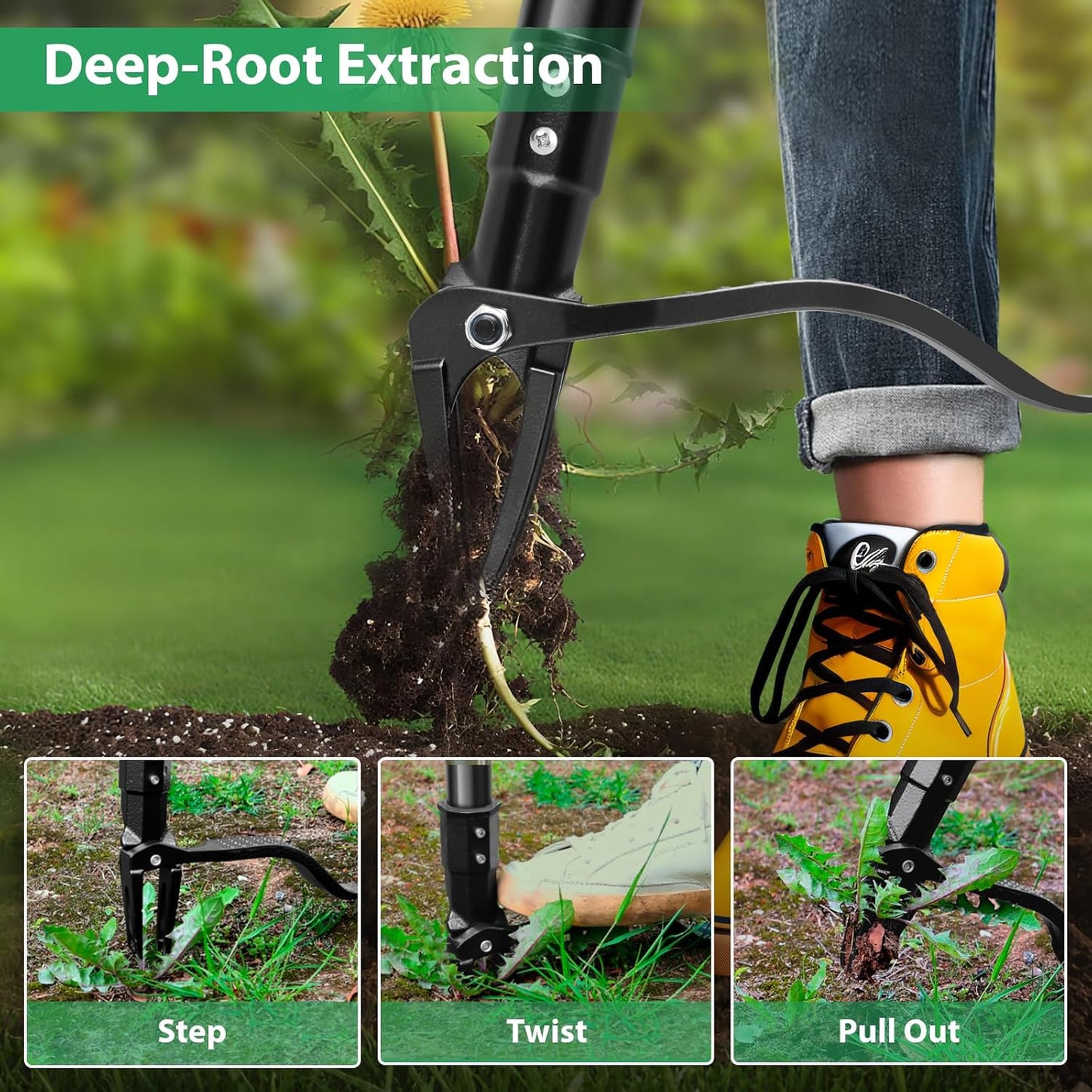 Skiennix 4-Claw Steel Weed Puller Tool - Heavy Duty 46” Stand Up Weeder for Easy Weed Removal (Black)