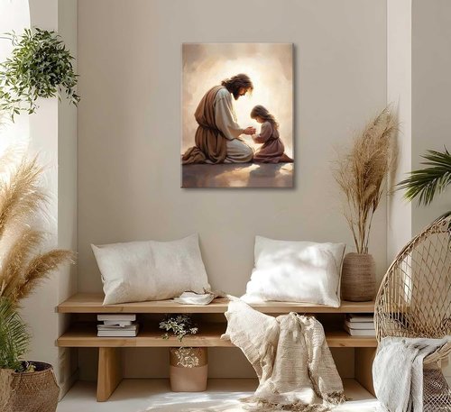 Jesus Praying with Girl Canvas Wall Art - Christian Spiritual Poster for Home Decor | Framed Bible Story Print