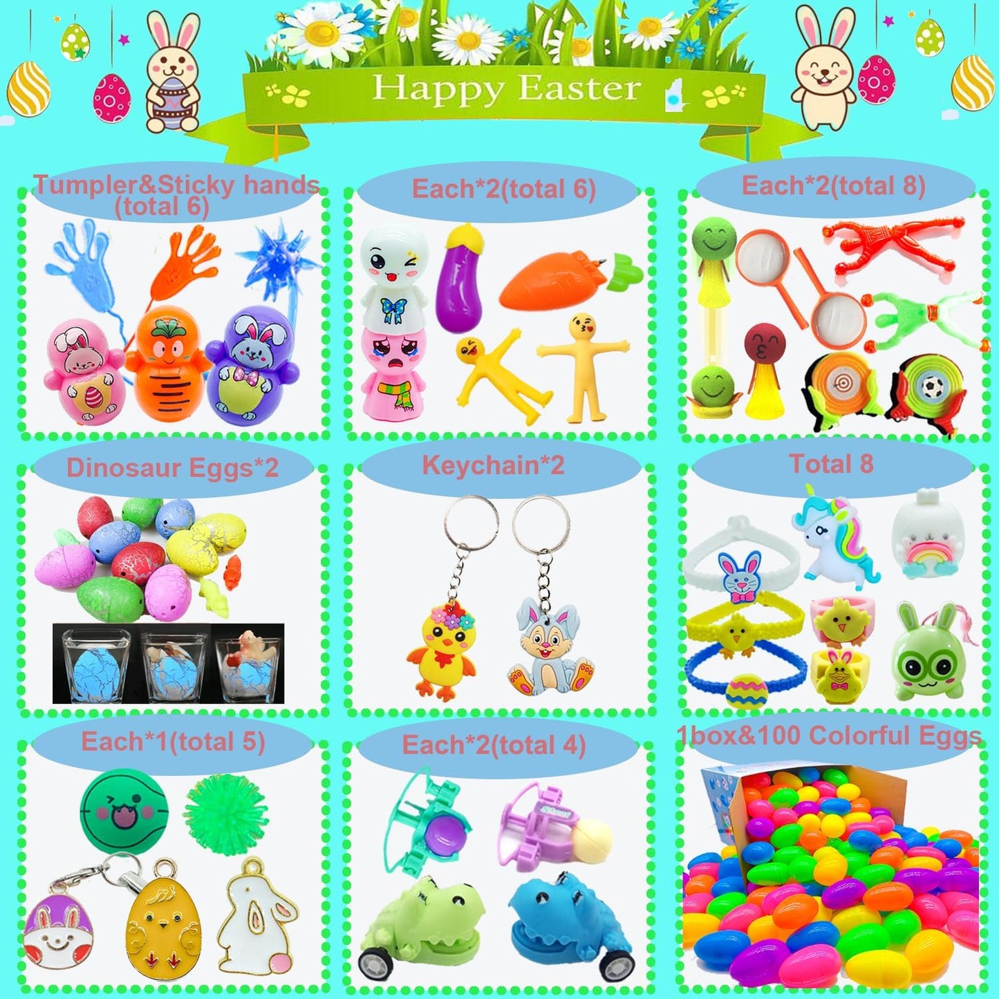 PDFVS 100 Pcs Prefilled Easter Eggs Filled with Novelty Toys,Bright Colorful for Easter Basket Stuffers,Easter Party Favors and Hunt