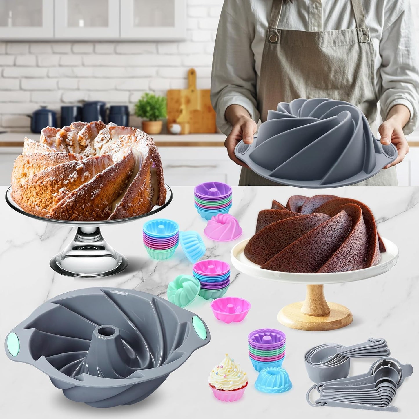 Tongjude Silicone Bakeware Set - 72 Nonstick Baking Pans for Easy Release | Grey Kitchen Essentials