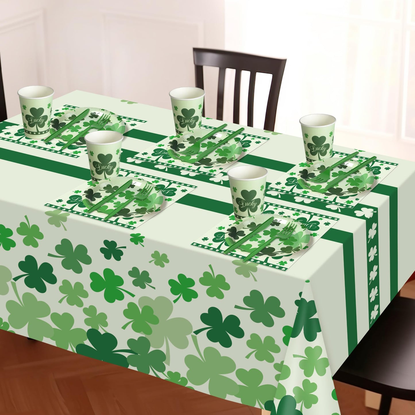 Childom St Patricks Day Party Supplies Decorations,147 Pcs Disposable St Patricks Day Tableware Set with Green Plastic Tablecloth Knives Fork,Paper Plates Napkin Cups for St Patrick's Day Decorations