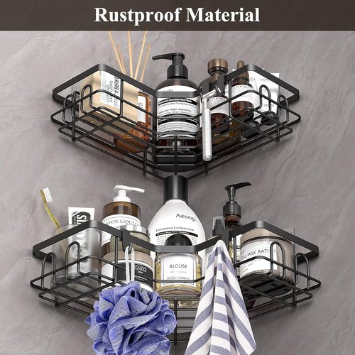 HuggieGems Corner Shower Caddy Organizer - 2 Pack Black Bathroom Shelves with Hooks for Efficient Storage