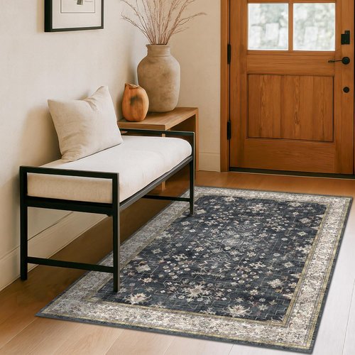 Boho Washable 4x6 Entryway Rug - Non-Slip Geometric Area Rug for Living Room & Office | Ultra Soft Black & Multi
