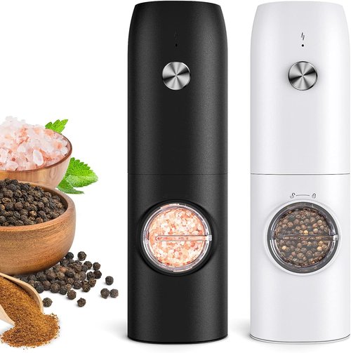 Electric Salt and Pepper Grinder Set - USB Rechargeable Automatic Mill with Adjustable Coarseness | One-Hand Operation & LED Light - 2 Pack