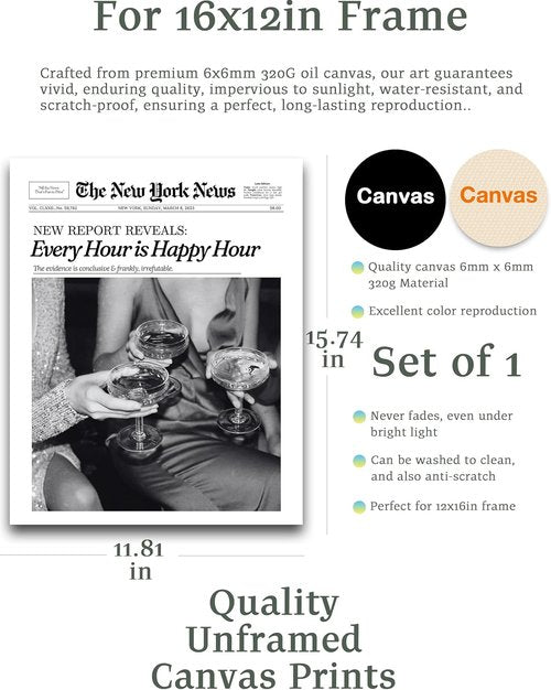 iHery Black Wall Art Print - Trendy Unframed Canvas Decor | 12x16in Happy Hour New York Design