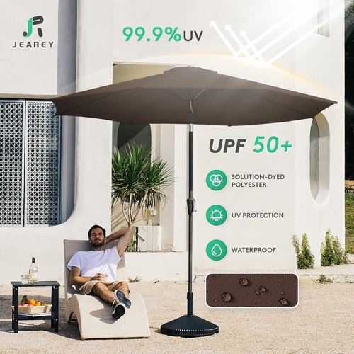 JEAREY 9FT Outdoor Patio Umbrella - Market Umbrella with Push Button Tilt & Crank | UV Protection, Waterproof, Brown