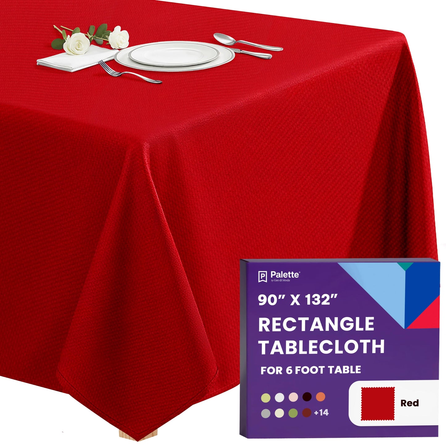 Gee Di Moda Rectangle Tablecloth - 90 x 132 Inch Red Table Cloth for 6 Foot Tables with Floor-Length Drop - Heavy Duty Washable Fabric for Holiday Party, Dinner, Weddings & Baby Shower