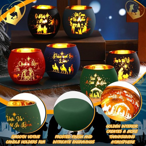 Jingmore Christmas Nativity Scene Votive Candle Holders - 6 Glass Holders with Laser Engraved Designs for Holiday Decor