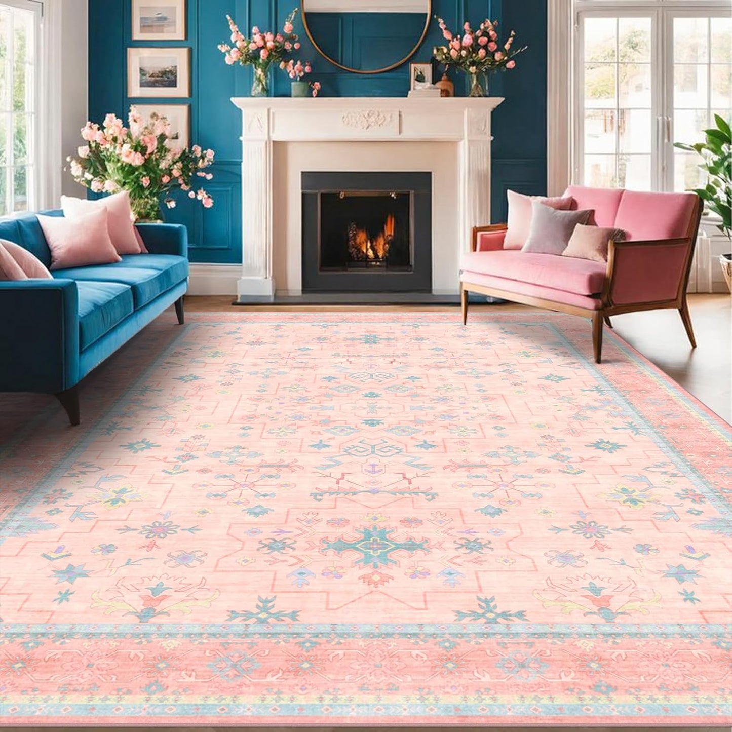 Oushak Rugs | Washable Pink & Blue 6x9 Area Rug - Soft Faux Wool, Modern Floral Design for Kids' Rooms