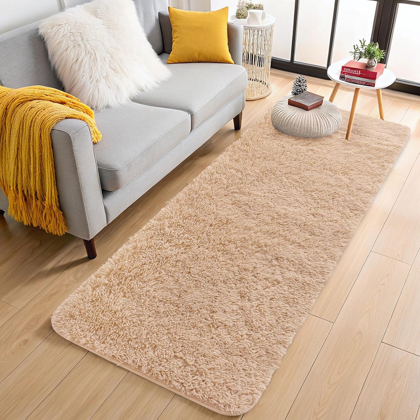 OLANLY 2x5 Machine Washable Runner Rug - Soft Fluffy Shaggy Design for Bedroom & Hallway | Beige Indoor Carpet