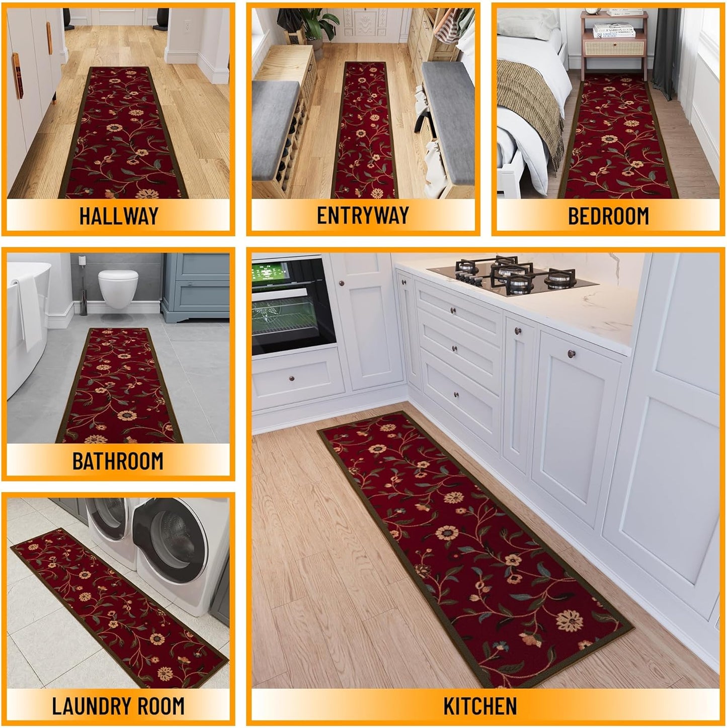 Ottomanson Hallway Runner Rug - Non-Slip Floral Design | Easy to Clean 1'10" x 6' Red Carpet for Entryway & Living Room