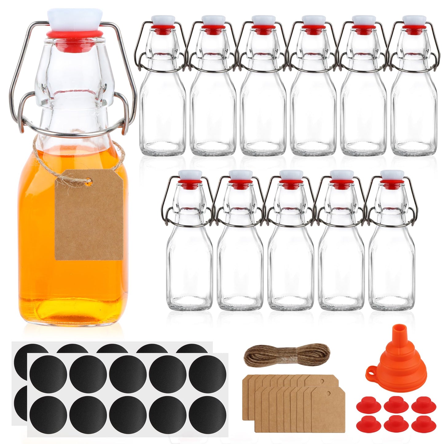 UrSpeedtekLive 12 Pack 4oz Swing Top Glass Bottles, 125ML Square Bottles with Airtight Stoppers for Kombucha, Kefir, Vanilla Extract, Beer(Bonus Gaskets, Labels and Funnel)