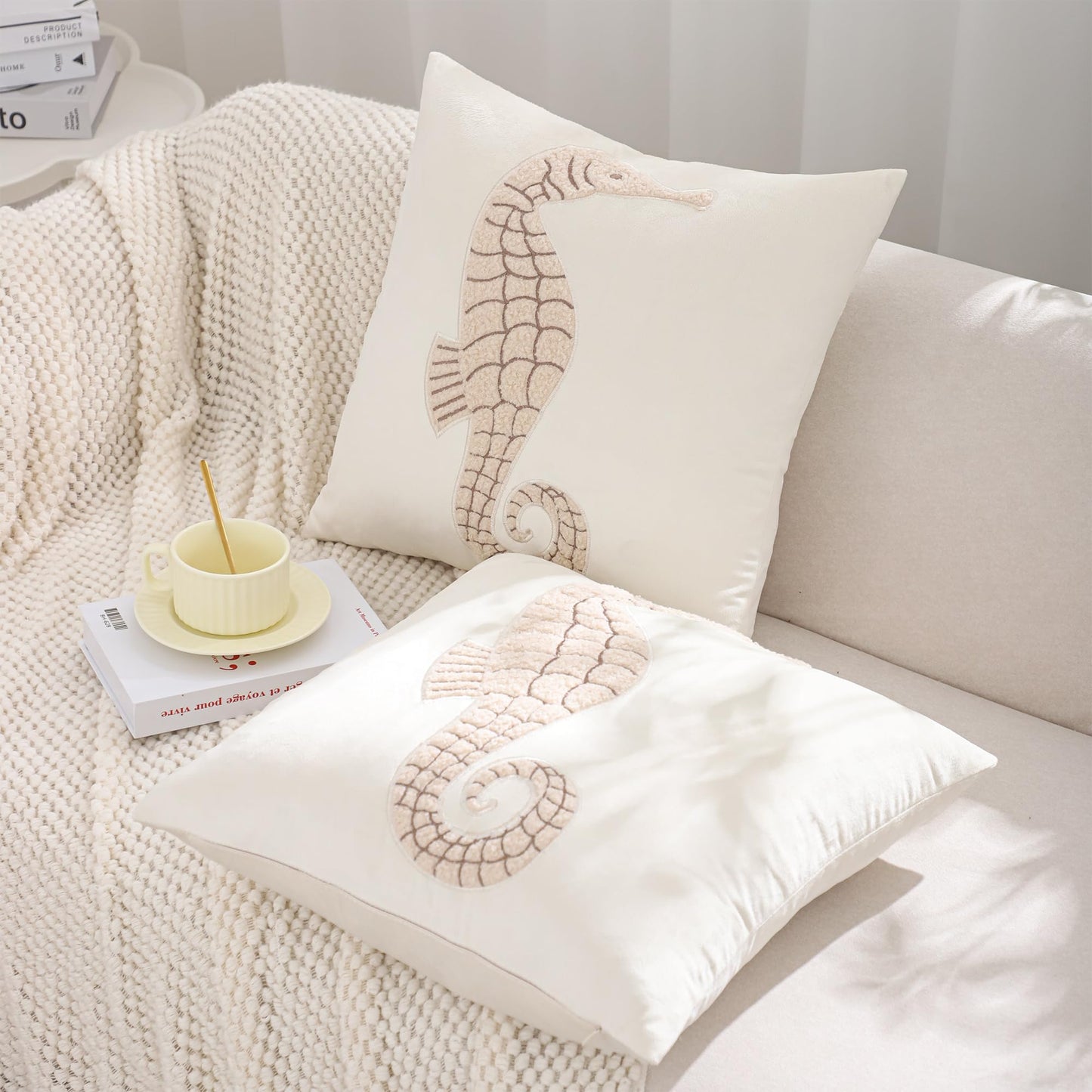 Tosleo Coastal Throw Pillow Covers 18x18 Pack of 2 Beige Seahouse Embroidered Pillow Covers Beach Velvet Pillow Cushion Cases Farmhouse Decor Ocean Themed Pillowcase for Summer