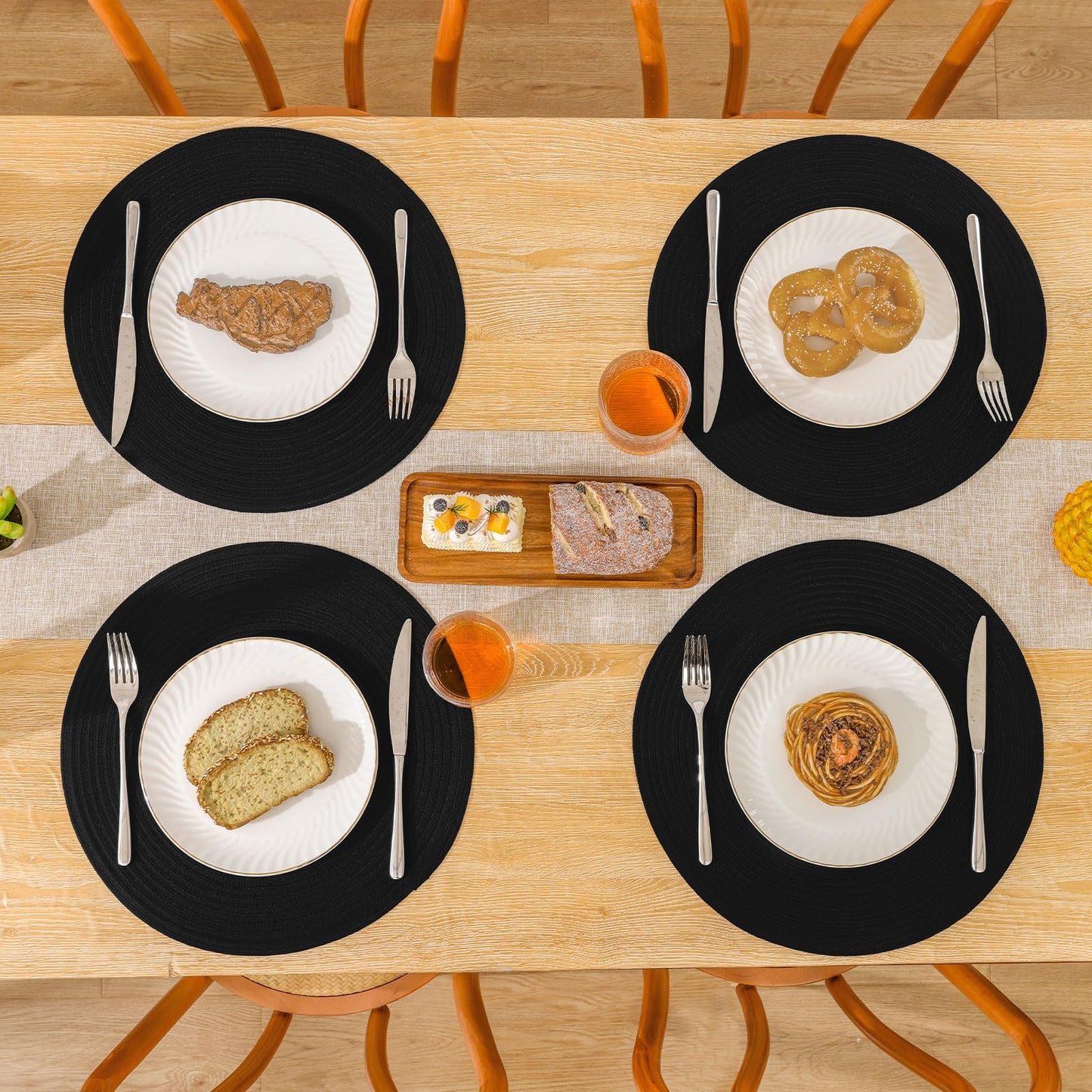 SHACOS Black Round Placemats Set of 12 Heavy Cotton Polyester Woven Braided Place Mats Washable Heat Resistant Non Slip Table Mats