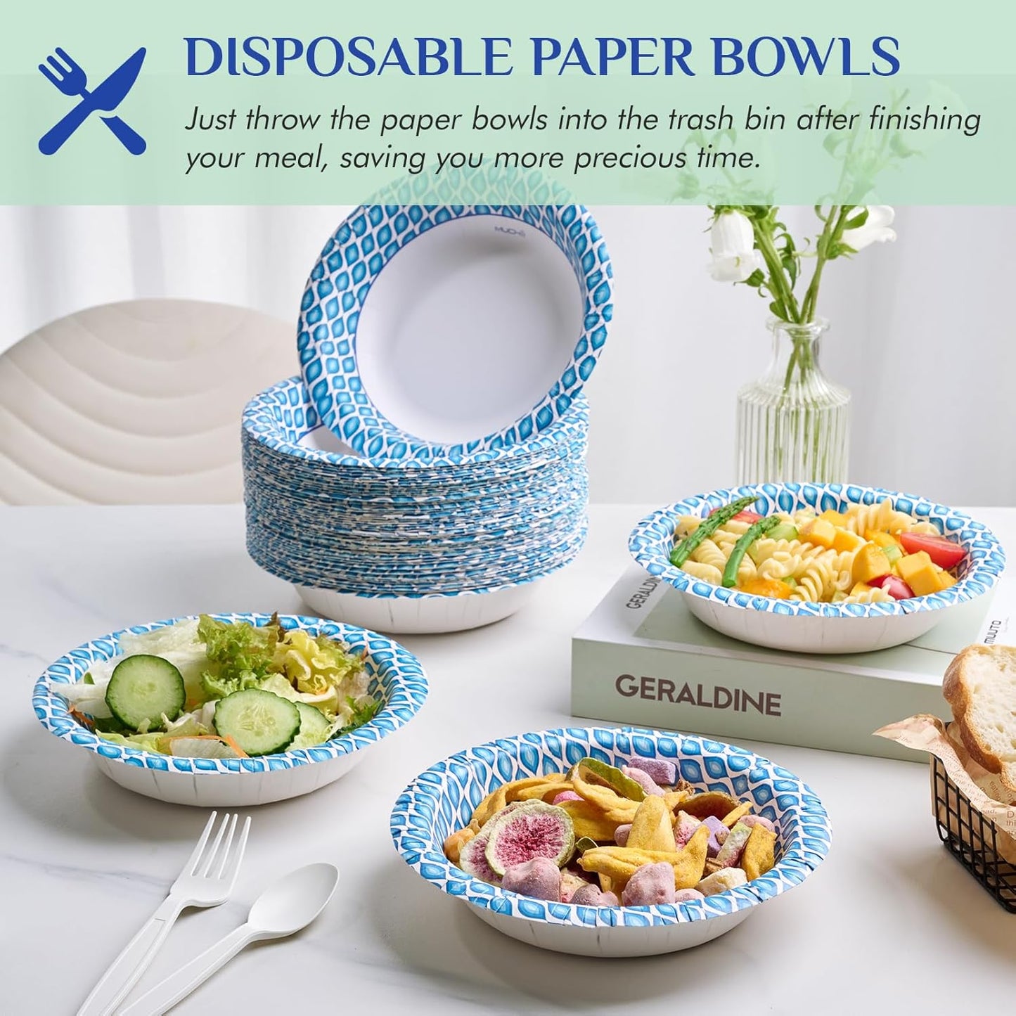 MUCHII 20 Oz Disposable Paper Bowls - 180 Count, Soak Proof Design for All Meals