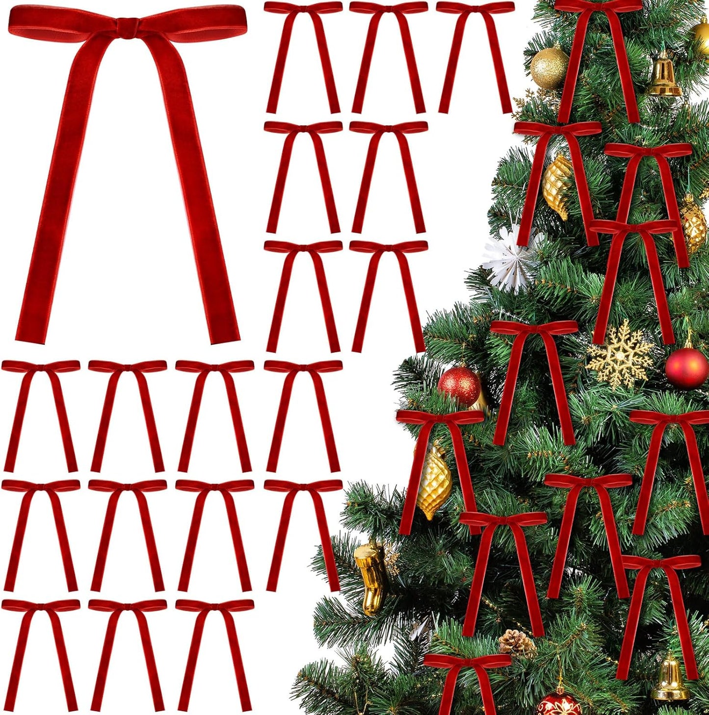 Skiennix 24 Pcs Velvet Bows - Vintage Ribbon Bows for Christmas Tree & Crafts | Red, 5 x 7 Inch